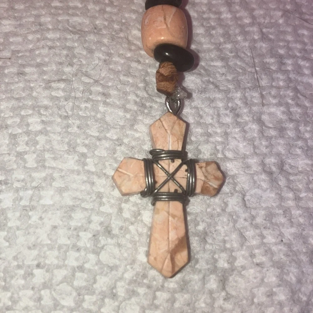 Handmade Hand Held Tan Wood & Green Jade Rosary Beaded Prayer Beads Purse Charm